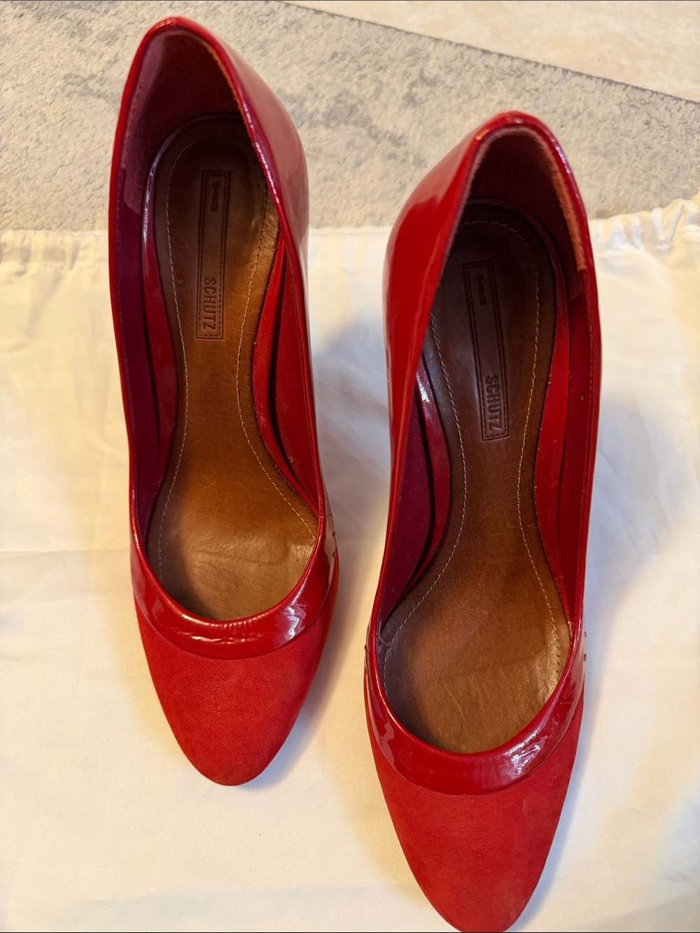 SCHUTZ Red Patent & Suede Pointed Toe Pumps